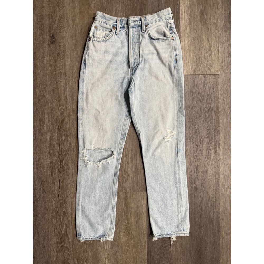 AGOLDE Distressed High Rise Straight Leg Jeans Light Wash Blue Size 22